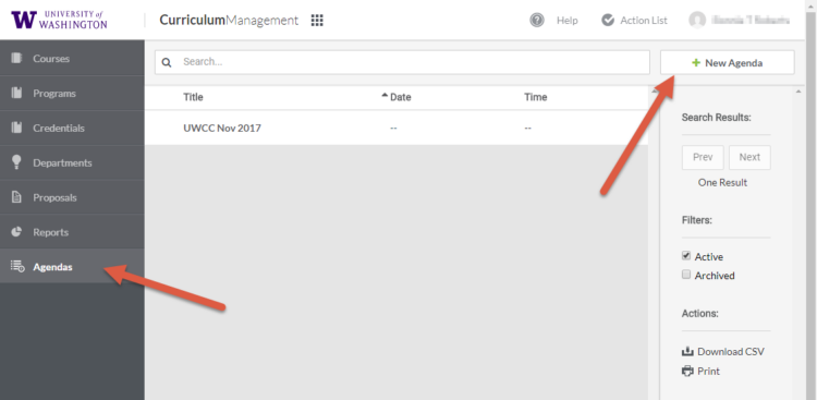 Image showing UW CM's agenda interface, highlighting the "New Agenda" button