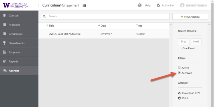 Image showing an archived agenda, highlighting that the "archived" filter has been checked