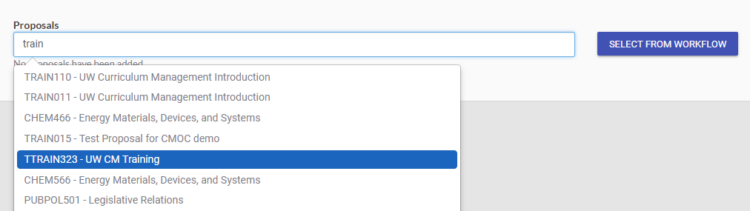 Image of UW CM's proposal lookup dropdown