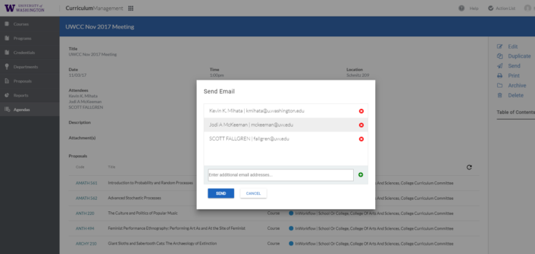 Image of popup in UW CM to identify agenda recipients