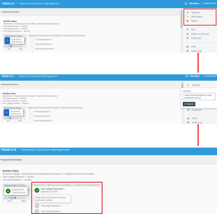 Image of workflow approval status in UW CM, highlighting the "Approve", "Send Back", and "Reject" links in the right-hand menu