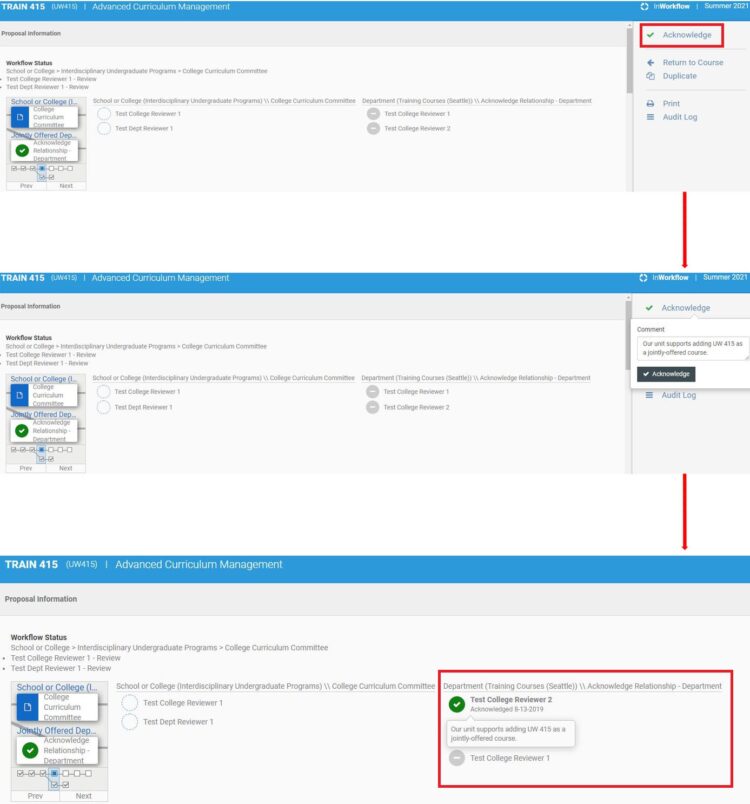 Image of workflow acknowledgement status in UW CM, highlighting the "Acknowledge" link in the right-hand menu
