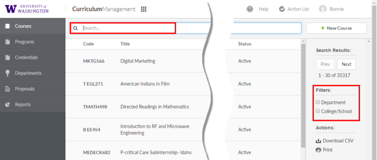 Image of UW CM course search, highlighting the "Department" and "College/School" filters