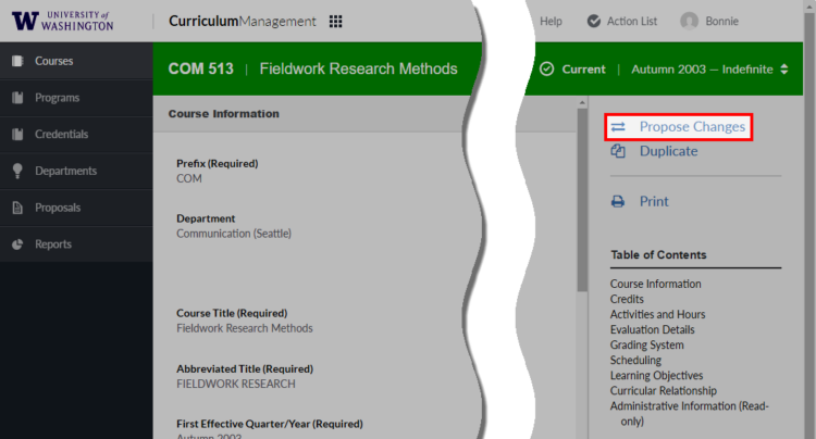 Image of "Propose Changes" link on Course Information in UW CM