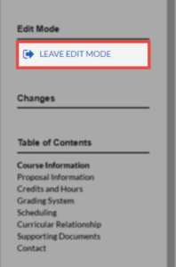 Close-up image of "Leave Edit Mode" link in the course edit mode feature