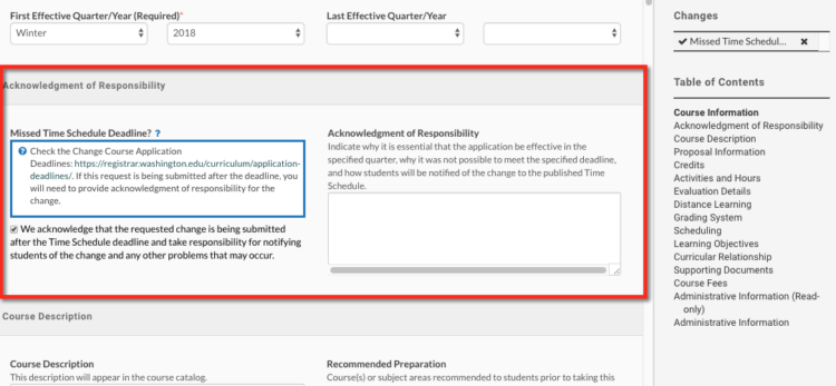 Image of Acknowledgement of Responsibility section of the course change process