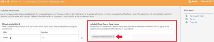Image of Curricular Relationship screen, highlighting the trash can delete functionality of the "Jointly Offered Course Departments"