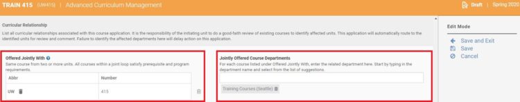 Image of Curricular Relationship screen, highlighting the "Offered Jointly with" and "Jointly Offered Course Departments" screen