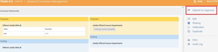 Image of proposed changes, highlighting the "Submit for Approval" link