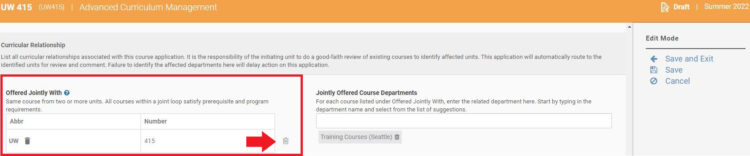 Image of Curricular Relationship screen, highlighting the trash can delete function of the "Offered Jointly With" field