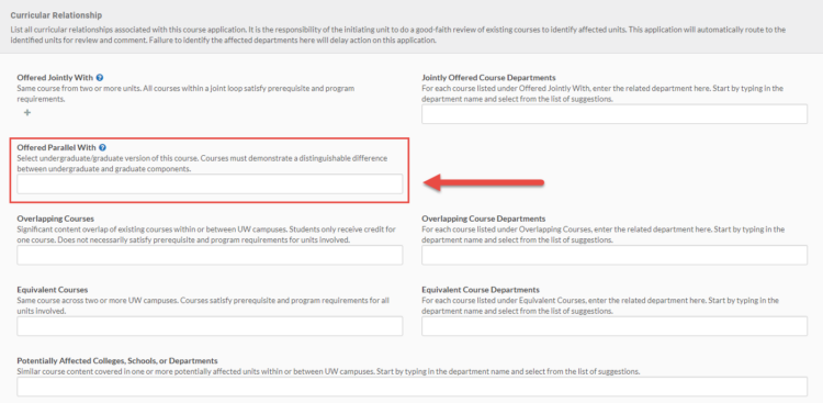 Image of curricular relationship page, highlighting the "Offered Parallel With" field