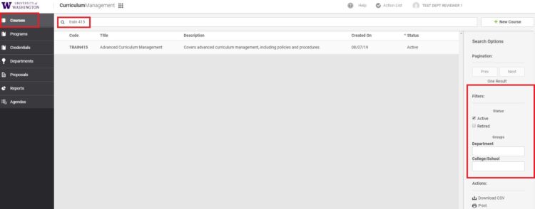 Image of UW CM course search, highlighting course link in the left-hand menu, the search field, and search filters