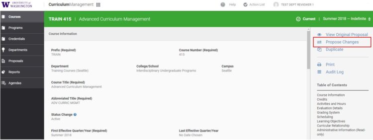 Image of Course Information page, highlighting the "Propose Changes" link in the right-hand menu