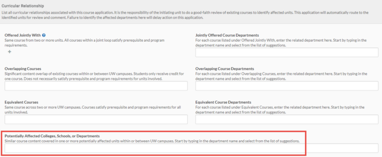 Image of Curricular Relationships interface, highlighting the "Potentially Affected Colleges, Schools, or Departments" field