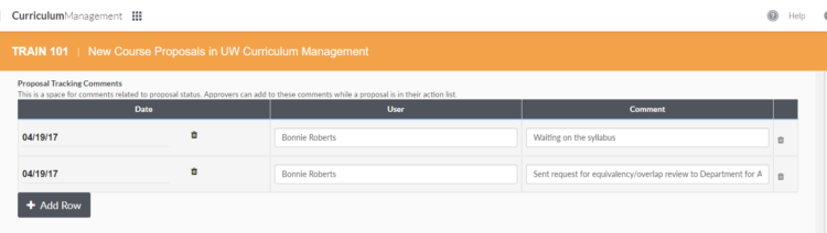 Image of proposal tracking comments fields in new course proposal interface
