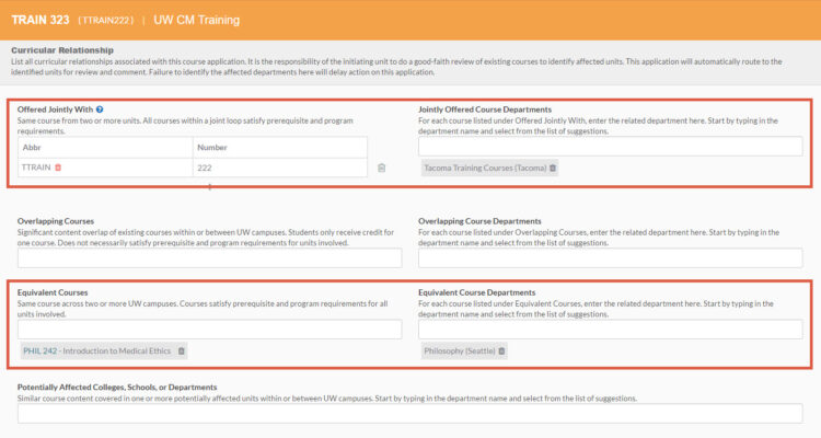 Image of curricular relationship screen for jointly offered courses, highlighting the "Offered Jointly with" and "Equivalent Courses" fields