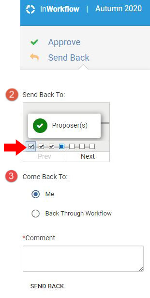 Image of send back interface, highlighting choosing the appropriate send back node