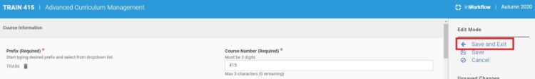 Image of edited course proposal, highlighting the "Save and Exit" link in the right-hand menu