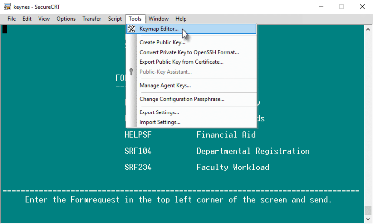 Image of Keymap Editor option under the Tools menu in SDB