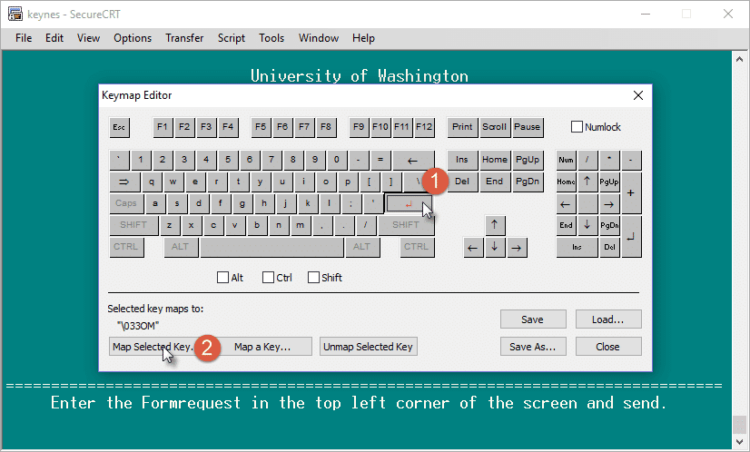 Image of keyboard mapping interface, highlighting choosing the enter key and "Map Selected Key"