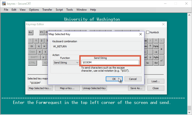 Image of Map Selected Key interface, highlighting the Send String field