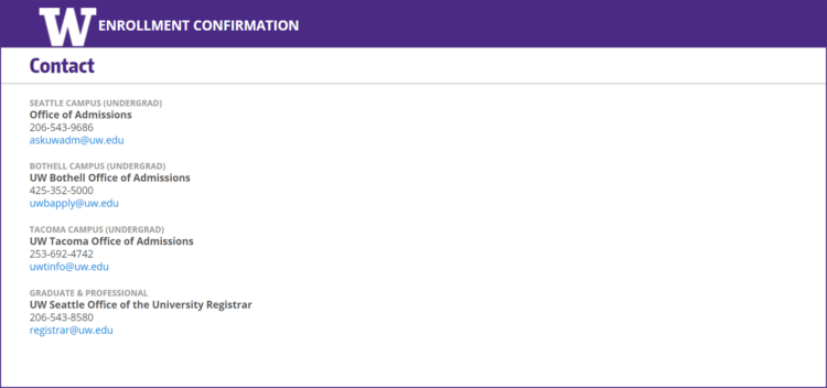 Enrollment Confirmation System contact information screen