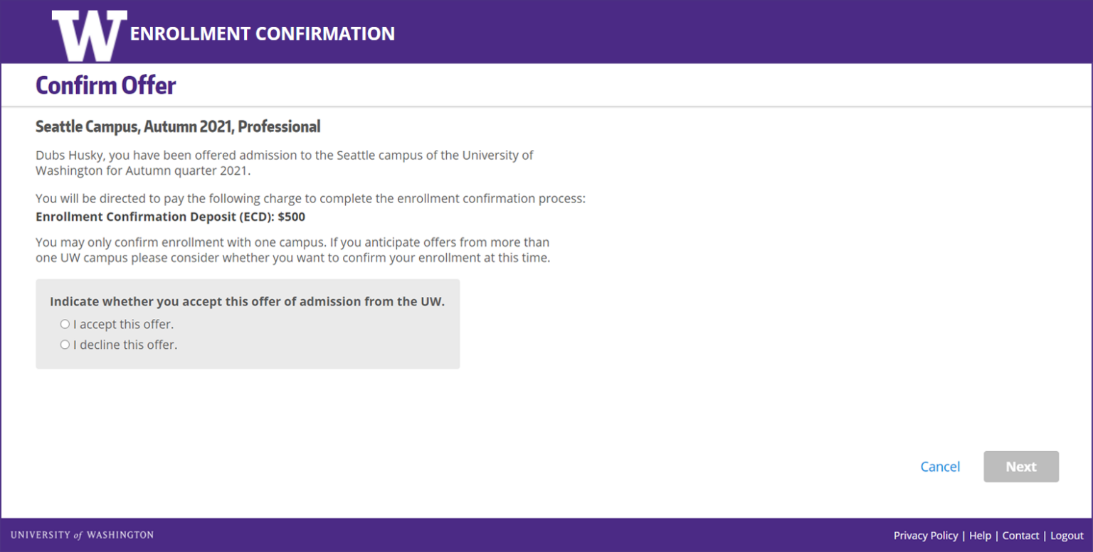 Enrollment Confirmation Deposit Office of the University Registrar