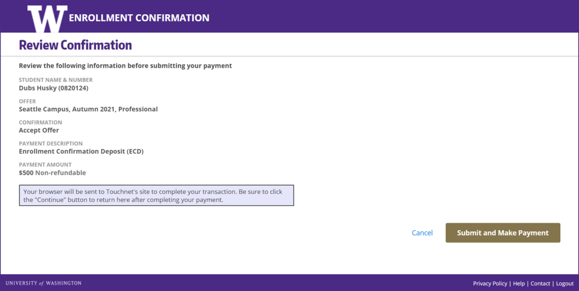 Enrollment Confirmation Deposit Office of the University Registrar