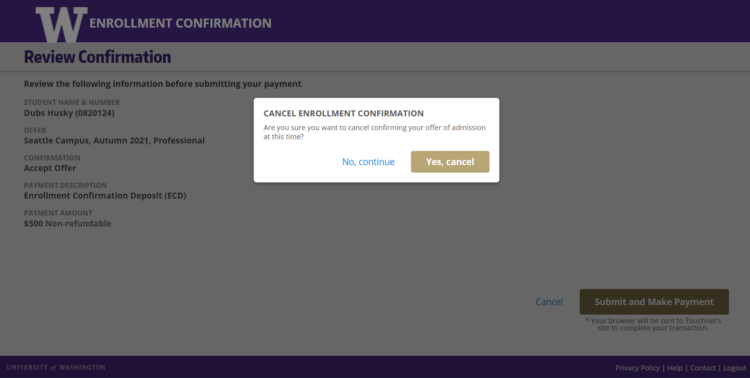 Enrollment Confirmation System cancel enrollment confirmation screen